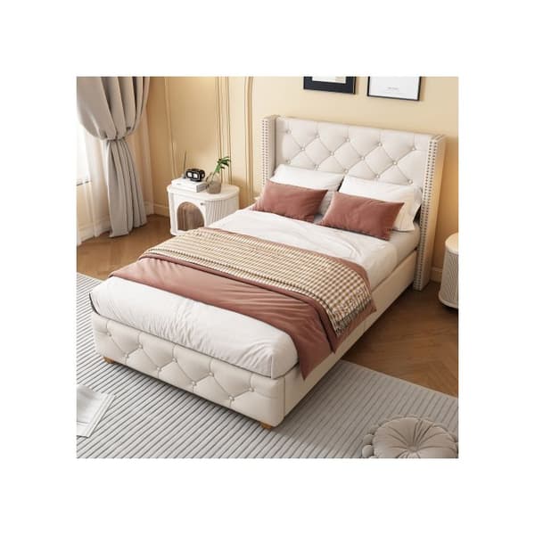 Lit stoppad 90*200 cm, knapprad stoppning, nitar stoppning, träben, linne, beige