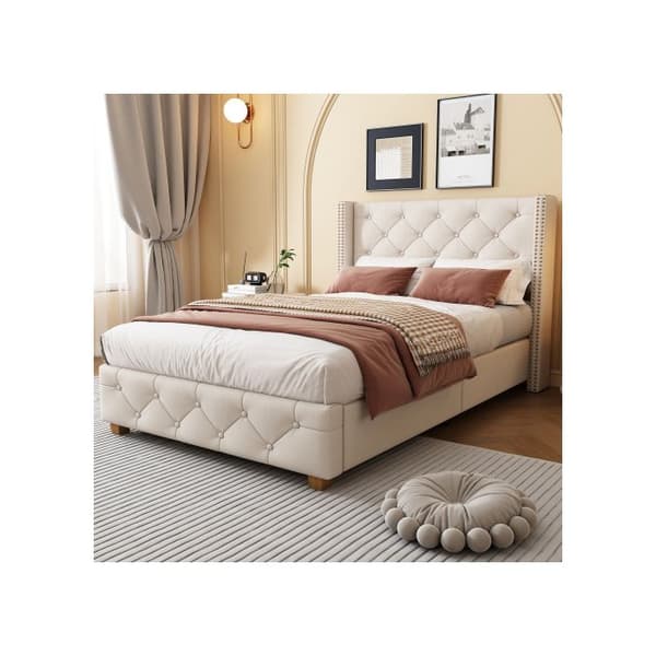 Lit stoppad 90*200 cm, knapprad stoppning, nitar stoppning, träben, linne, beige