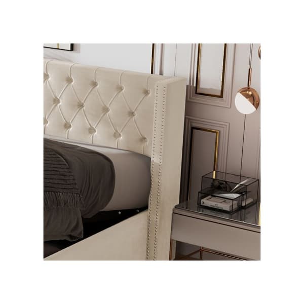 Säng med öronformad stoppning Dubbelradiga nitar 160*200 Säng med hydraulisk funktion Beige