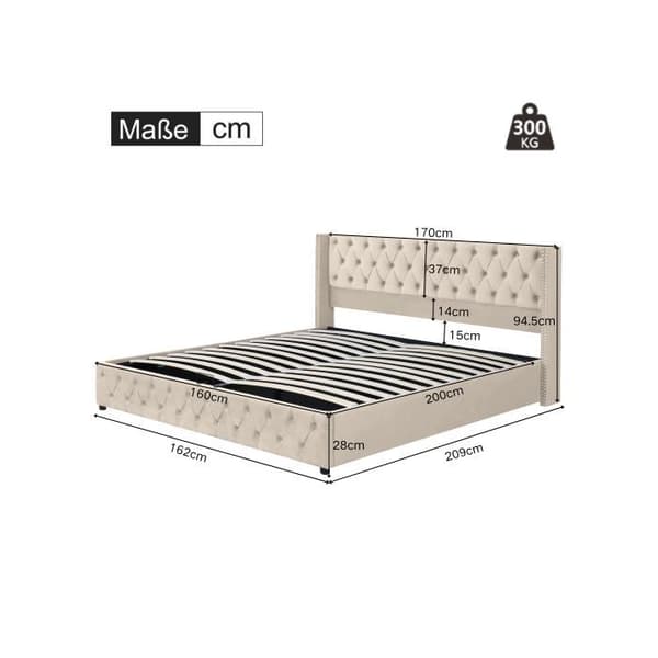 Säng med öronformad stoppning Dubbelradiga nitar 160*200 Säng med hydraulisk funktion Beige