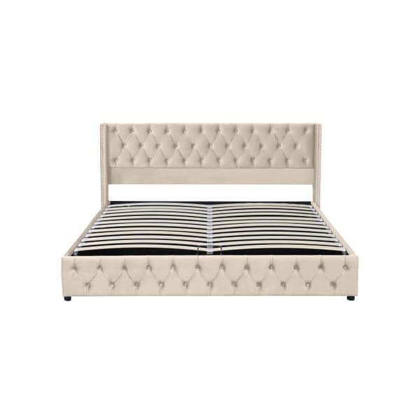 Säng med öronformad stoppning Dubbelradiga nitar 160*200 Säng med hydraulisk funktion Beige