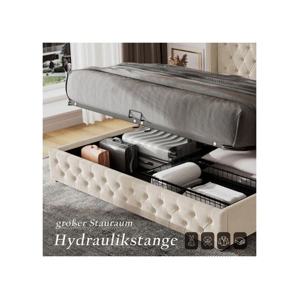 Säng med öronformad stoppning Dubbelradiga nitar 160*200 Säng med hydraulisk funktion Beige