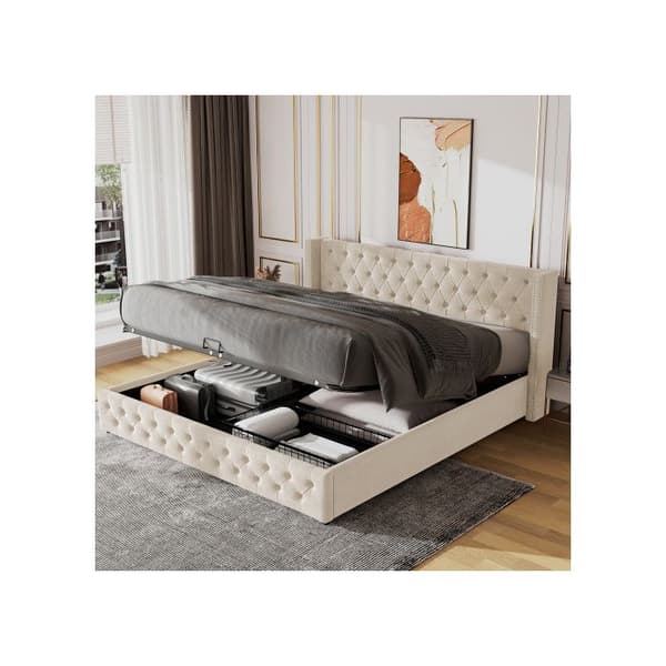 Säng med öronformad stoppning Dubbelradiga nitar 160*200 Säng med hydraulisk funktion Beige
