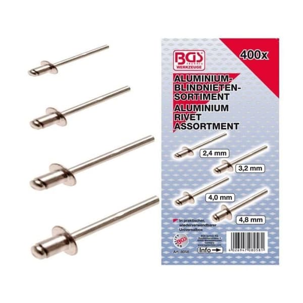 Popnitar i aluminium - Ej specificerat - Sortiment 400 st - Storlekar 2,4-4,8 mm - Längd 6 mm - Vikt 530 g