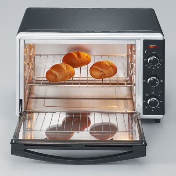 Miniugn SEVERIN TO2058 roterande värme 42 L, pizzasten och spett, 1800 W bänkugn, 120 min timer, Svart/Rostfritt stål