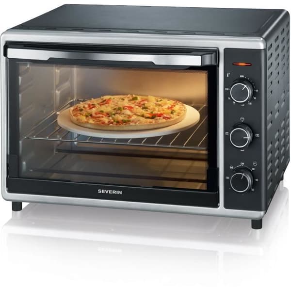 Miniugn SEVERIN TO2058 roterande värme 42 L, pizzasten och spett, 1800 W bänkugn, 120 min timer, Svart/Rostfritt stål Svart, Silver
