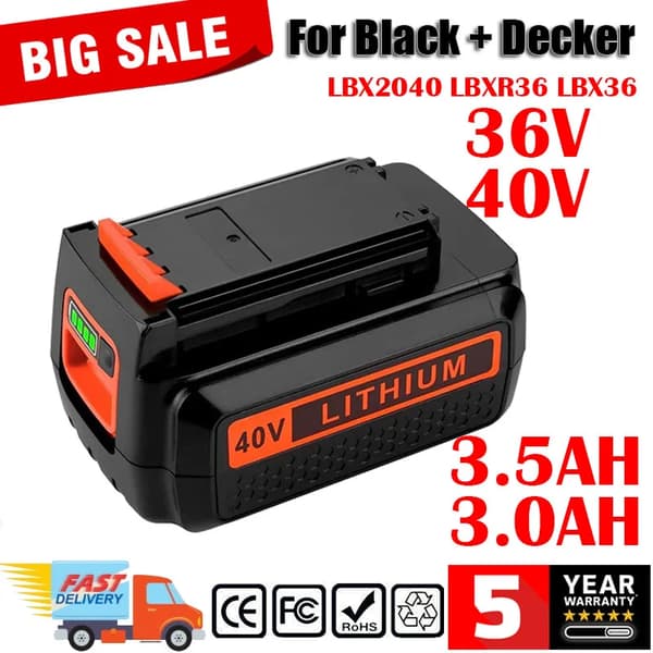 Black & Decker 36V/40V Li-ion -akulle, 3000mAh/3500mAh suurella kapasiteetilla, nopea lataus,1 kappale 3.0 3.5AH