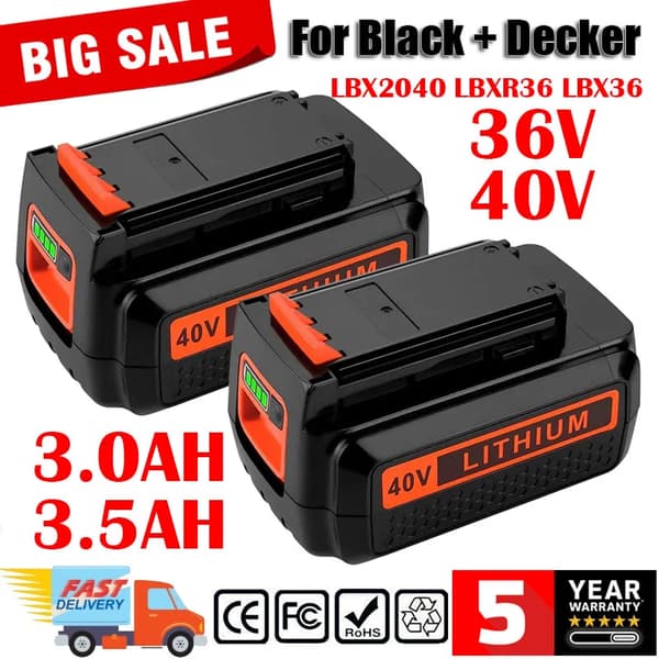 Black & Decker 36V/40V Li-ion -akulle, 3000mAh/3500mAh suurella kapasiteetilla, nopea lataus,2 kappaletta 3.0 3.5AH