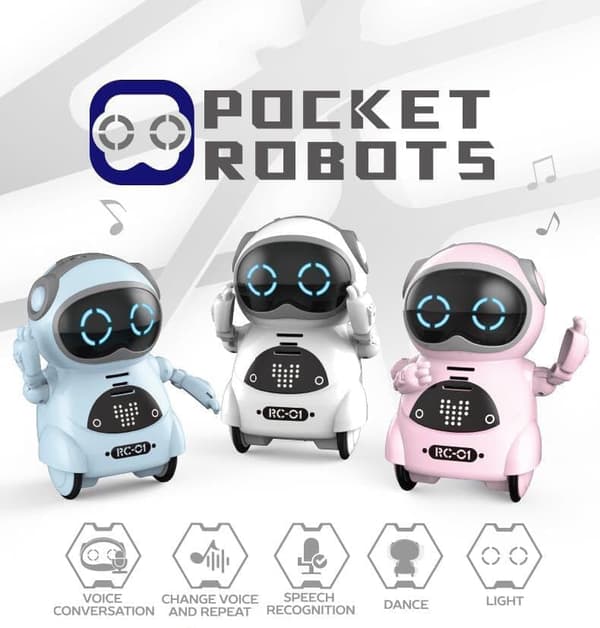 Mini Pocket Robot Leksak med röstkonversation, Ändra röst och upprepa, Taligenkänning, Dans och ljus för underhållning, kommunikation(Vit)