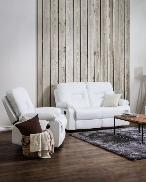 Nojatuoli valkoinen 85 x 101 x 74 cm keinonahka teräs säädettävä jalkatuki vaahtomuovi