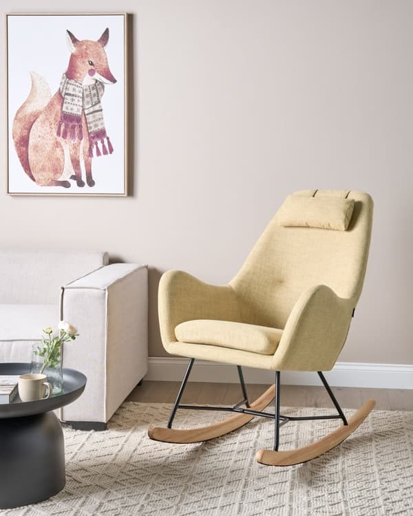 Gyngestol Gul Polster Lyst Træ med Sort Metalben 116 x 92 x 45 cm Moderne med Nakkestøtte til Ældre Seniorstol Hvile med Vippefunktion