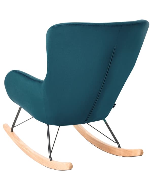 Keinutuoli merensininen sametti verhoiltu puu metalli nojatuoli glamour retro tyyli
