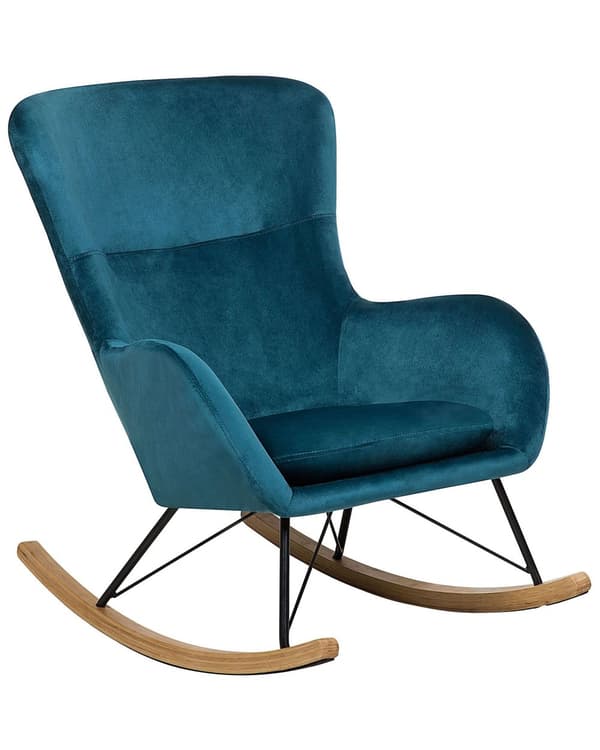 Keinutuoli merensininen sametti verhoiltu puu metalli nojatuoli glamour retro tyyli