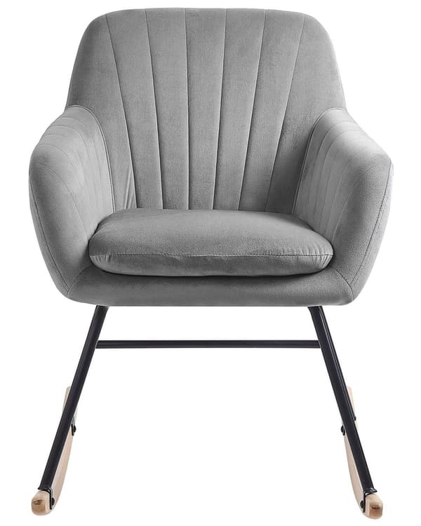 Gyngestol Grå Velour Lyst Træ Sort Metalben Dekorativ Betrukket Rokkestol med Armlæn Vippe Quiltet Ryg Retro Design Velcro Pude