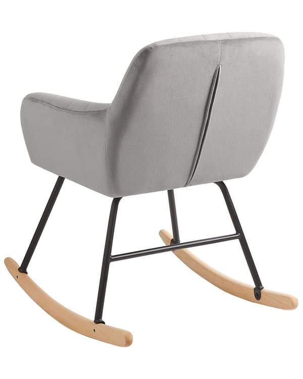 Gyngestol Grå Velour Lyst Træ Sort Metalben Dekorativ Betrukket Rokkestol med Armlæn Vippe Quiltet Ryg Retro Design Velcro Pude