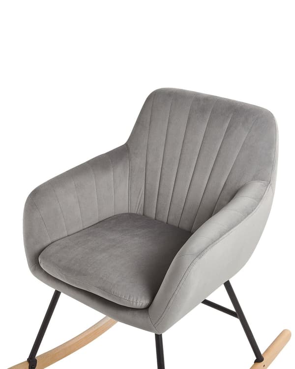Gyngestol Grå Velour Lyst Træ Sort Metalben Dekorativ Betrukket Rokkestol med Armlæn Vippe Quiltet Ryg Retro Design Velcro Pude