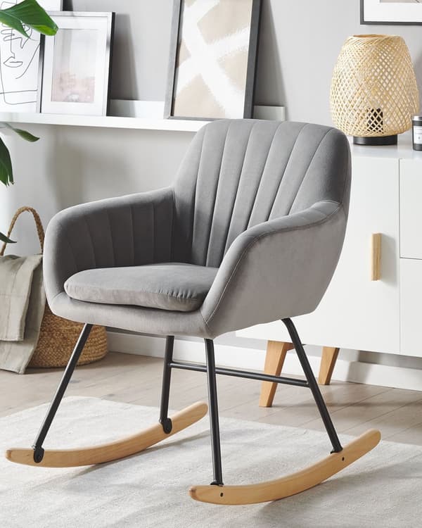 Gyngestol Grå Velour Lyst Træ Sort Metalben Dekorativ Betrukket Rokkestol med Armlæn Vippe Quiltet Ryg Retro Design Velcro Pude