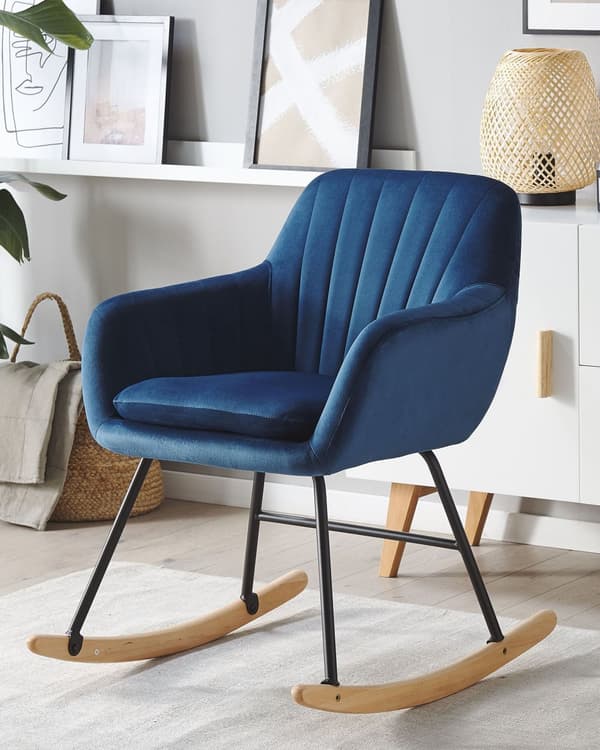 Gyngestol Blå Velour Lyst Træ Sort Metalben 82 x 74 x 60 cm Dekorativ Betrukket Rokkestol med Arm Vippe Quiltet Ryg Retro Design Velcro Pude