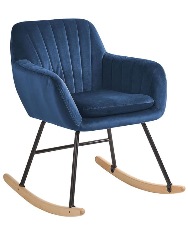 Gyngestol Blå Velour Lyst Træ Sort Metalben 82 x 74 x 60 cm Dekorativ Betrukket Rokkestol med Arm Vippe Quiltet Ryg Retro Design Velcro Pude