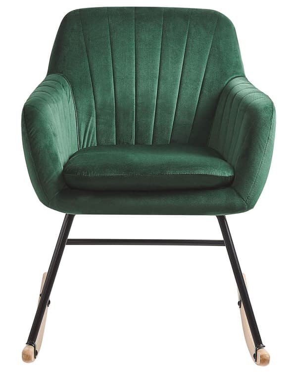 Gyngestol Grøn Velour Lyst Træ Sort Metalben 82 x 74 x 60 cm Dekorativ Betrukket Rokkestol med Arm Vippe Quiltet Ryg Retro Design Velcro Pude