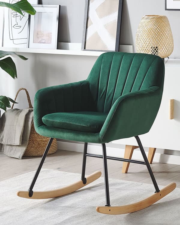 Gyngestol Grøn Velour Lyst Træ Sort Metalben 82 x 74 x 60 cm Dekorativ Betrukket Rokkestol med Arm Vippe Quiltet Ryg Retro Design Velcro Pude