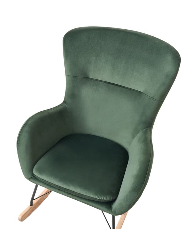 Keinutuoli tummanvihreä sametti verhoiltu puu metalli nojatuoli glamour retro tyyli