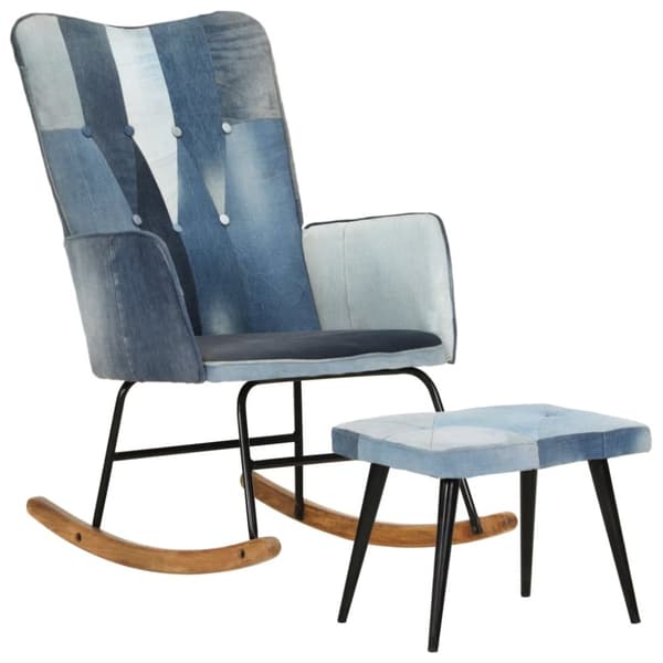 vidaXL Gungstol med fotpall blå denim lappmönster kanvas