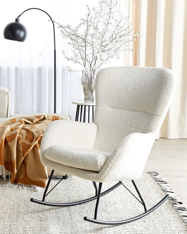 Gyngestol Hvid og sort Boucle Polyester Stof Polstring Metal Ben Skøjter Traditionelt Retro Design