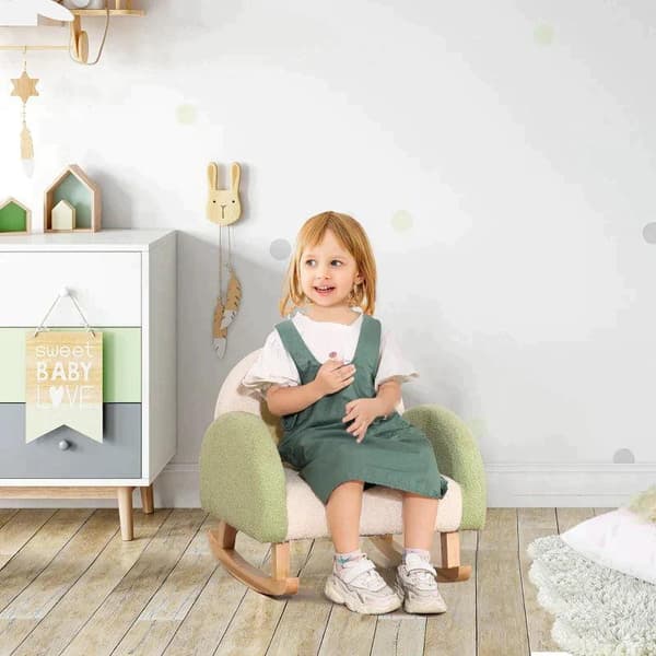 Rootz gyngestol til småbørn - Sødt design - Imiteret fåreskind - Eucalyptus trægrøn + gulbeige - 50L x 45W x 50H cm