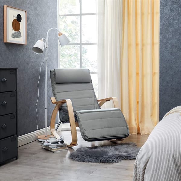 Rootz gungstol - Relaxstol - Armstöd - 5-vägs justerbart fotstöd - Björkträ - Grå - Beige - 67 x 115 x 91 cm