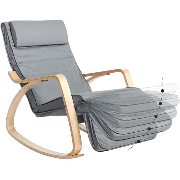 Rootz gungstol - Relaxstol - Armstöd - 5-vägs justerbart fotstöd - Björkträ - Grå - Beige - 67 x 115 x 91 cm