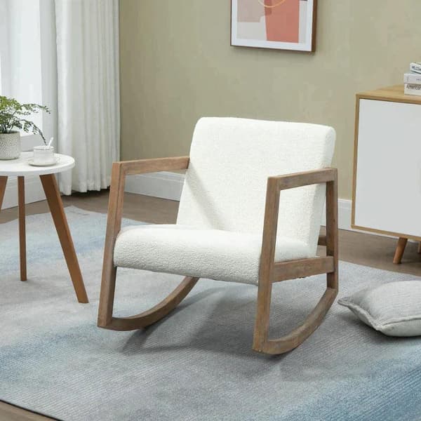 Rootz keinutuoli - Tuoli - Teddy Fleecellä - Vintage Design - Kumi/Puu - Kermanvalkoinen - 60 x 81 x 71 cm