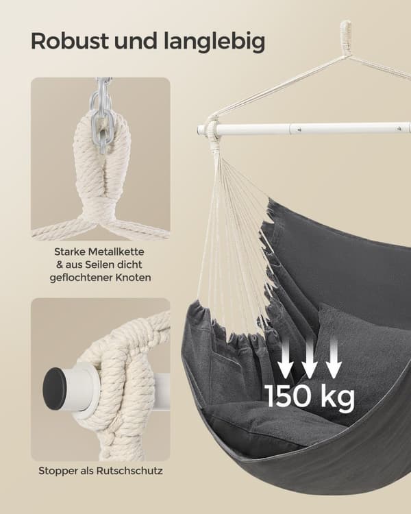 Rootz-riippuva tuoli keinu - Riipputuoli - Liuskeharmaa - Polyesteri-puuvillasekoitus - Terästanko - 140cm x 150cm x 128cm - 3,4kg - 150kg Kapasiteett