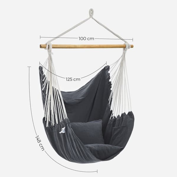 Rootz Hængestolsgynge - Hængekøjestol - Mørkegrå - Polyester bomuldsstof - Træstang - 148 cm x 125 cm - 2 puder - Metalkæde - Karabinhage - 150 kg Kap
