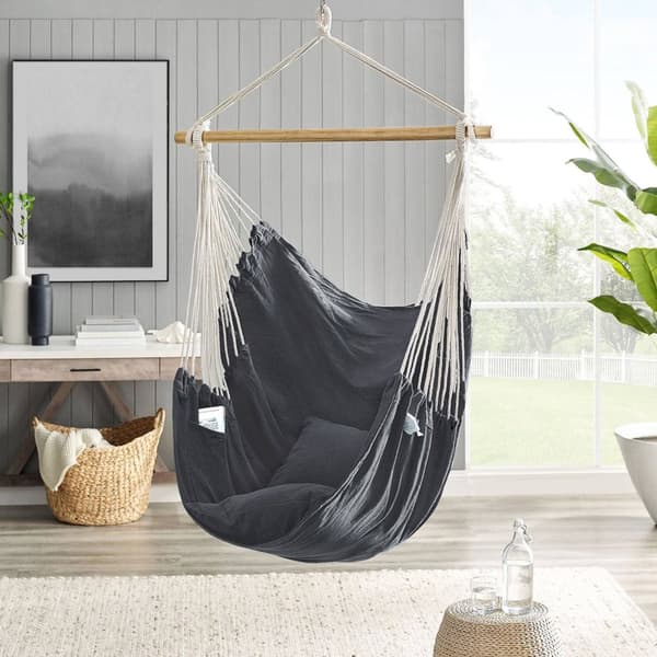 Rootz Hængestolsgynge - Hængekøjestol - Mørkegrå - Polyester bomuldsstof - Træstang - 148 cm x 125 cm - 2 puder - Metalkæde - Karabinhage - 150 kg Kap