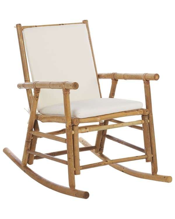 Havestol Hvid Lyst Bambustræ Gyngestol med Armlæn Boho til Haven Terrasse Havemøbel Højt Ryglæn Design