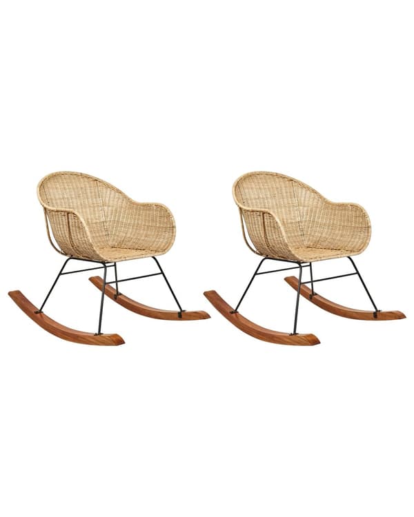 Set med 2 Gungstolar Naturlig Rotting Medel Vänderbeständighet Inomhus Utomhus Boho-stil Trädgård Uteplats Balkong