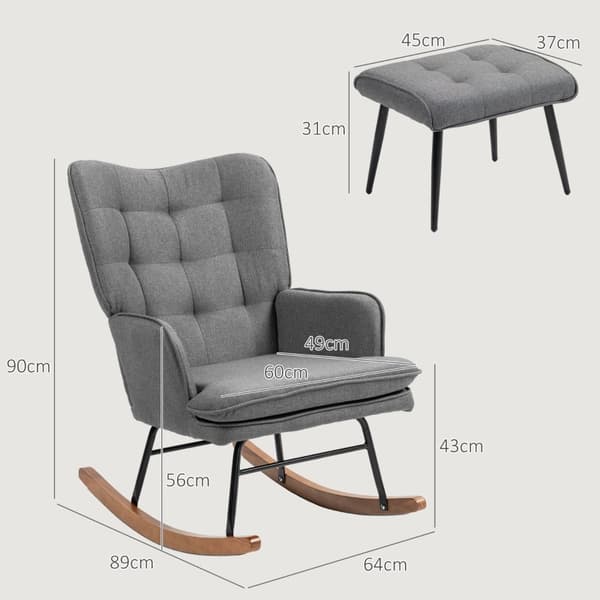 Rootz gyngestol med matchende fodskammel - Børnehavestol - Gliderstol - Mørkegrå - Polyester- og bøgetræ - 64cm x 89cm x 90cm