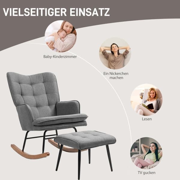 Rootz gyngestol med matchende fodskammel - Børnehavestol - Gliderstol - Mørkegrå - Polyester- og bøgetræ - 64cm x 89cm x 90cm
