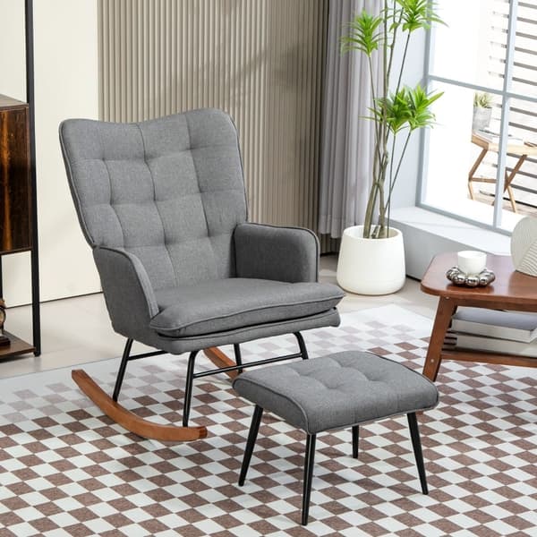 Rootz gyngestol med matchende fodskammel - Børnehavestol - Gliderstol - Mørkegrå - Polyester- og bøgetræ - 64cm x 89cm x 90cm