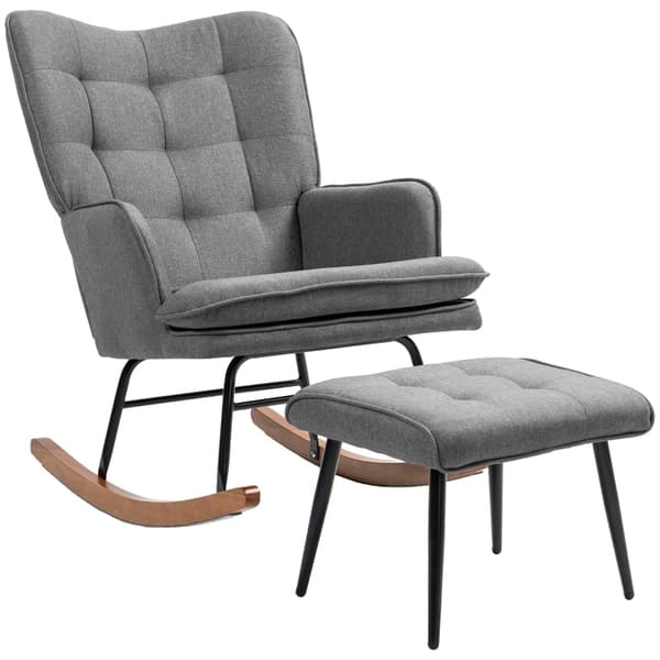 Rootz gyngestol med matchende fodskammel - Børnehavestol - Gliderstol - Mørkegrå - Polyester- og bøgetræ - 64cm x 89cm x 90cm