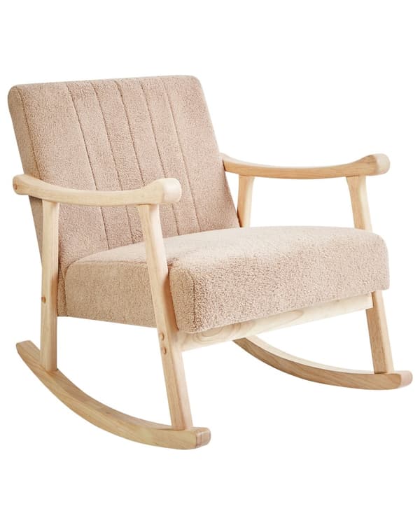 Gyngestol Beige Bouclé Gyngelænestol Teddy Stol med Træben Rar Ammestol i Stof Blød Loungestol med Gyngefunktion