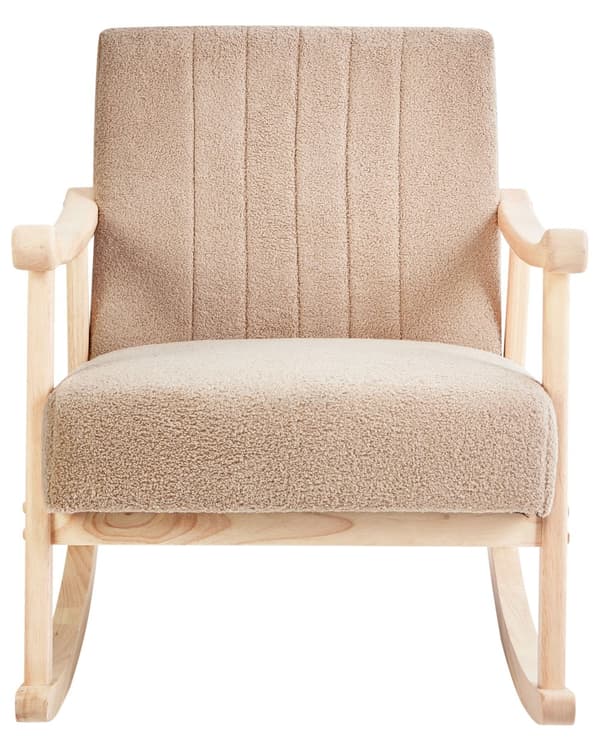 Gyngestol Beige Bouclé Gyngelænestol Teddy Stol med Træben Rar Ammestol i Stof Blød Loungestol med Gyngefunktion