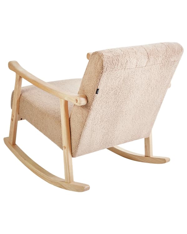 Gyngestol Beige Bouclé Gyngelænestol Teddy Stol med Træben Rar Ammestol i Stof Blød Loungestol med Gyngefunktion