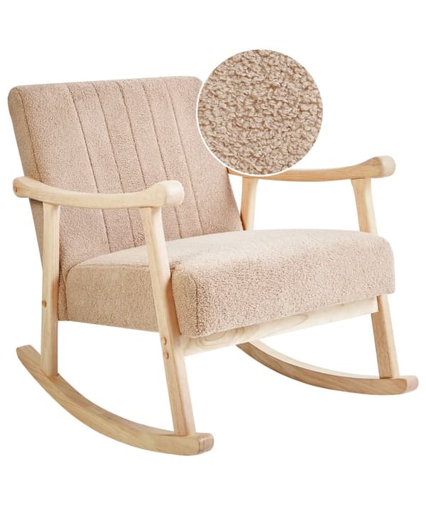 Gyngestol Beige Bouclé Gyngelænestol Teddy Stol med Træben Rar Ammestol i Stof Blød Loungestol med Gyngefunktion