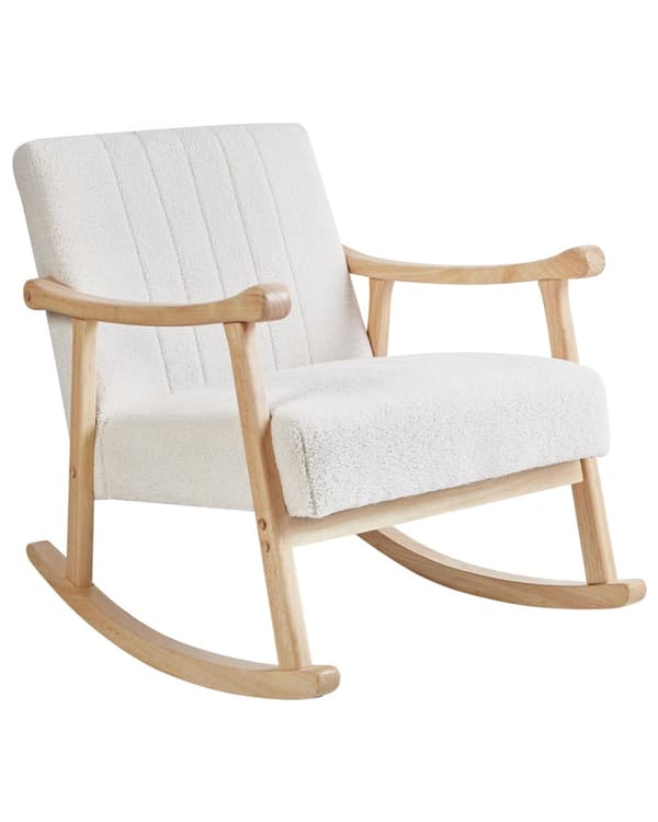 Gyngestol Off White Bouclé Gyngelænestol Teddy Stol med Træben Rar Ammestol i Stof Blød Loungestol med Gyngefunktion