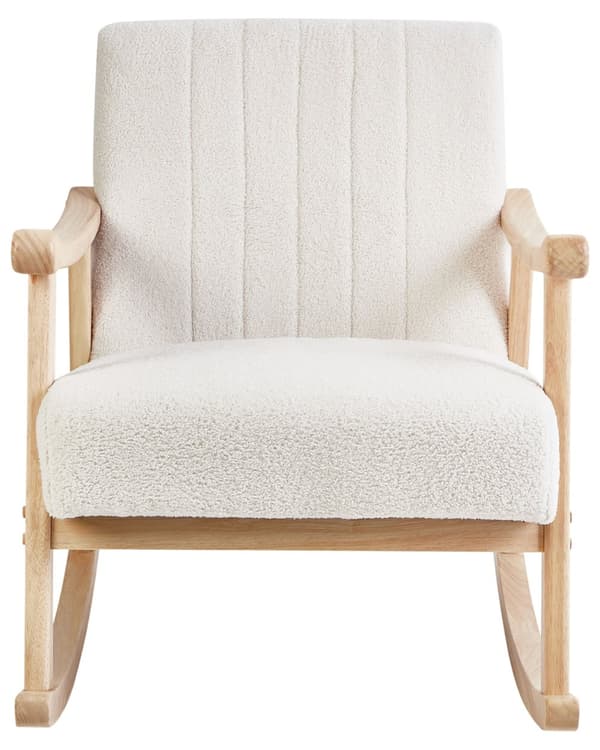 Gyngestol Off White Bouclé Gyngelænestol Teddy Stol med Træben Rar Ammestol i Stof Blød Loungestol med Gyngefunktion