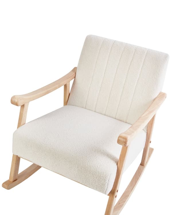 Gyngestol Off White Bouclé Gyngelænestol Teddy Stol med Træben Rar Ammestol i Stof Blød Loungestol med Gyngefunktion