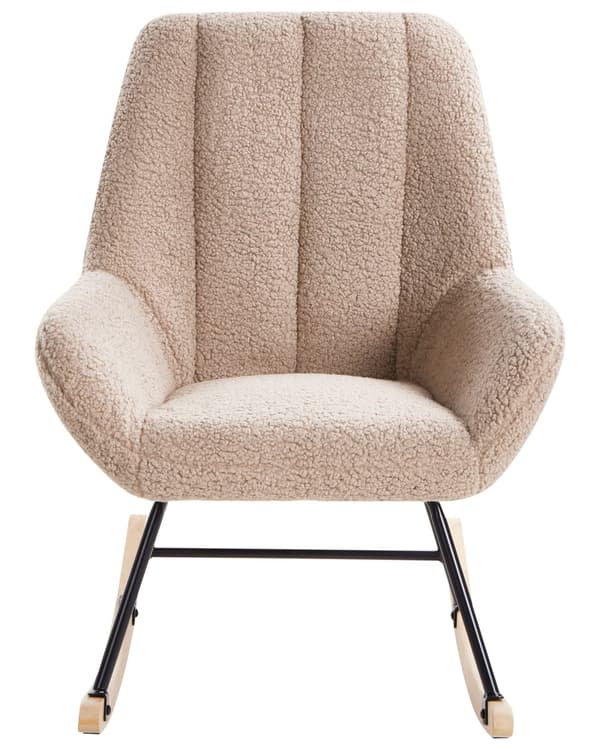 Gyngestol beige spænde boucle polstring sort metal ben armlæn bredt ryglæn stue