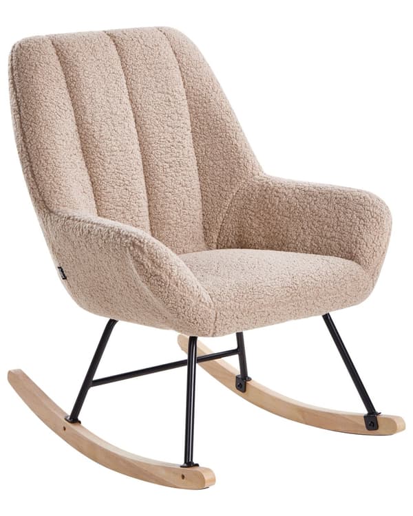Gyngestol beige spænde boucle polstring sort metal ben armlæn bredt ryglæn stue